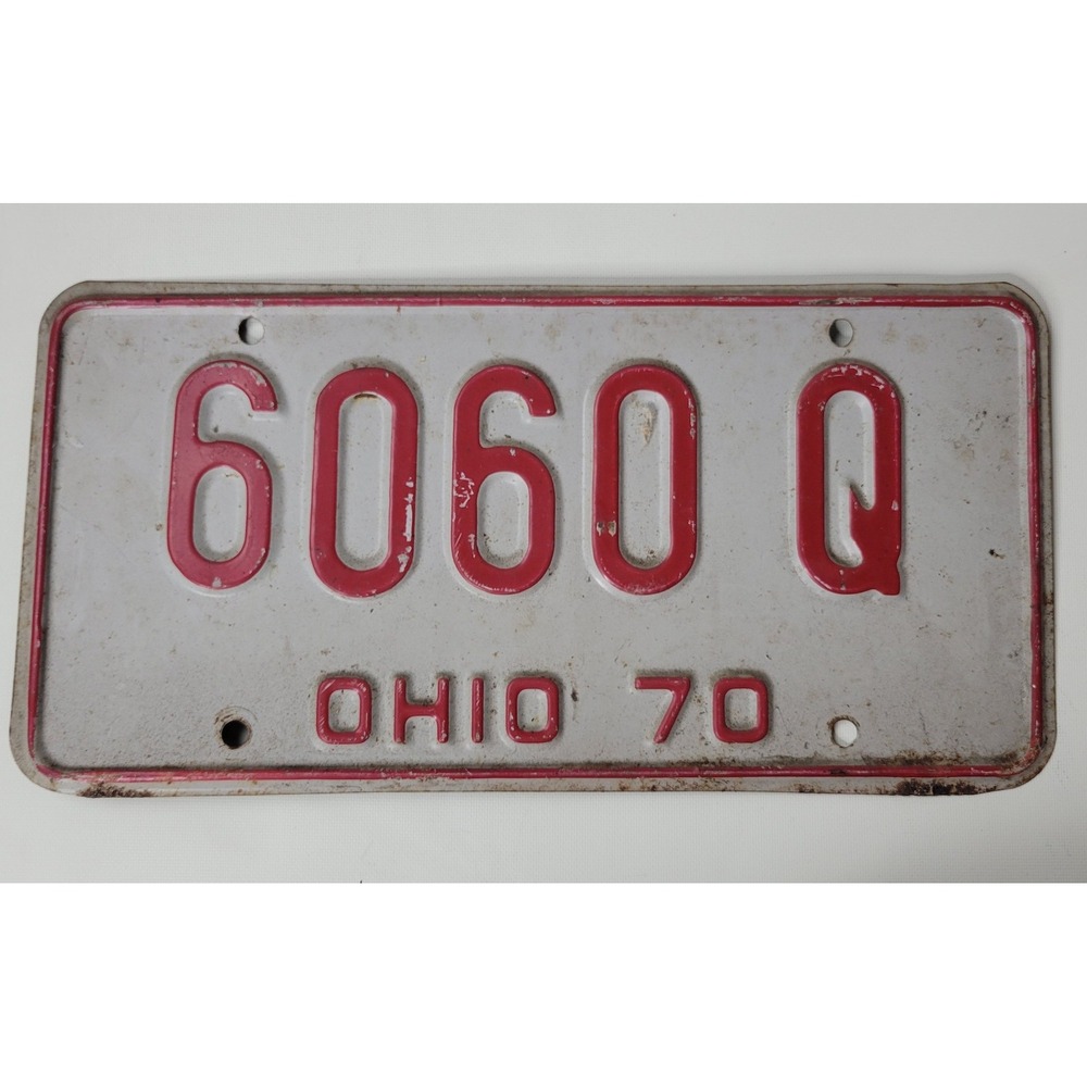 Vintage 1970 Ohio License Plate 6060 Q Red Gray Embossed Metal Automobilia